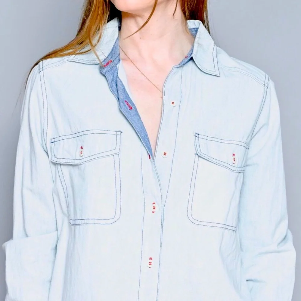 New Free People Bandana Bandit Med Blue Red Paisley Buttondown Embroidered Top - Picture 5 of 5